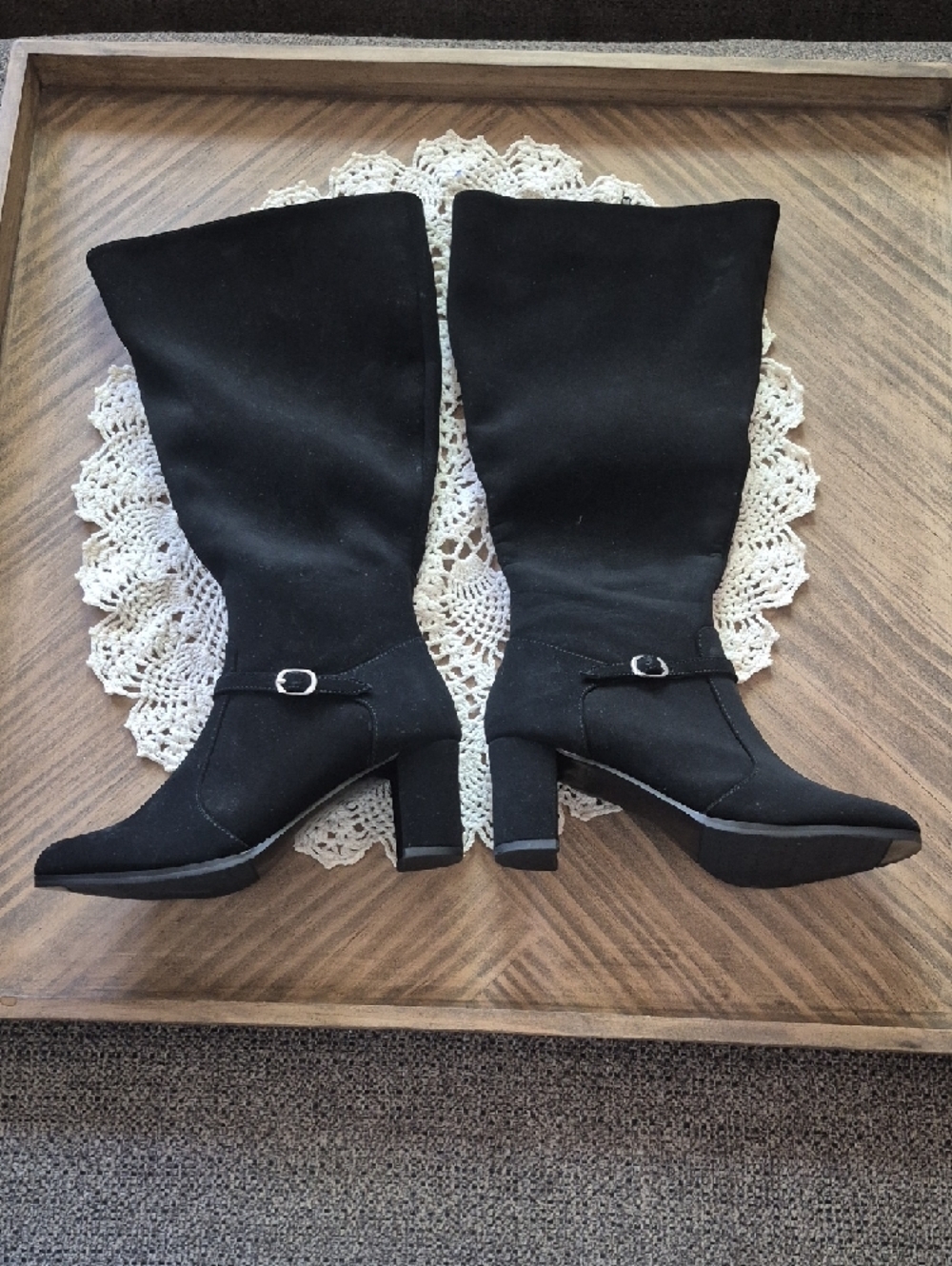 easy street Black Suede Mid-Calf Heeled Boots with Buckle